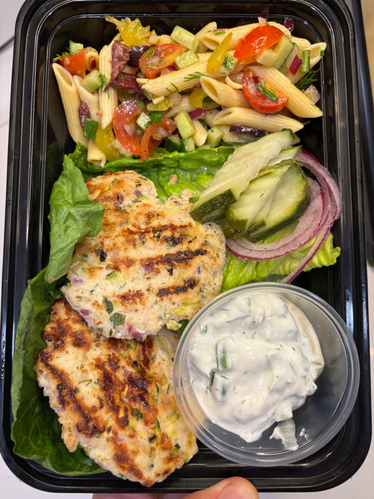 No-bun Greek Chicken Burgers with Protein Pasta