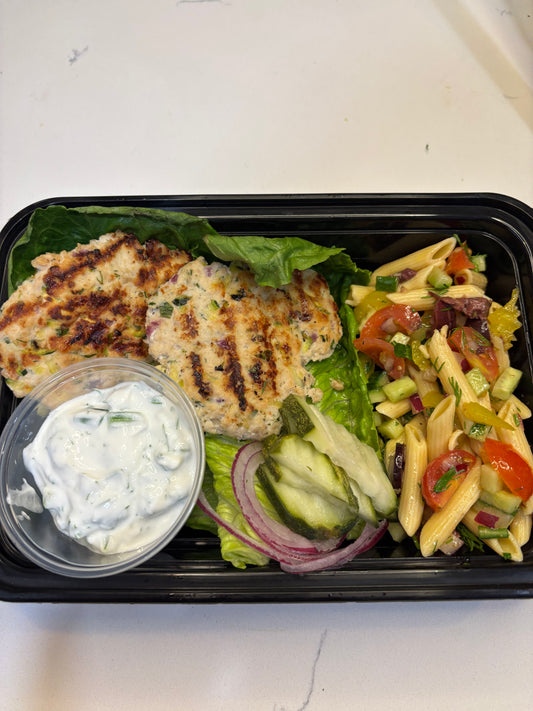 No-bun Greek Chicken Burgers with Protein Pasta